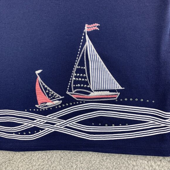 ALFRED DUNNER Womens Blouse Top Petite Small Blue Embellished Sailing Boat - Picture 4 of 10